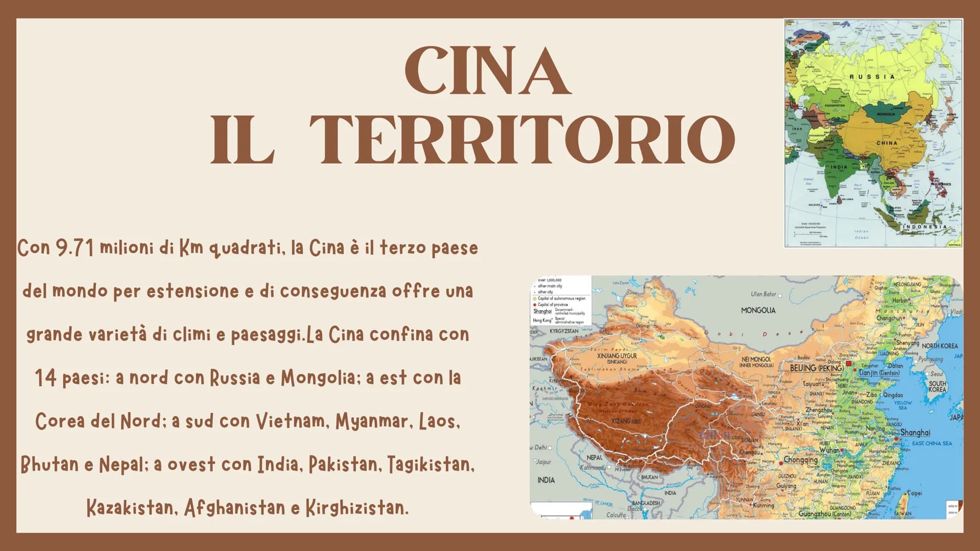 ESTREMO ORIENTE
APPROFONDIMENTO
LA CINA
*** TERRITORIO
Quando si parla di Estremo Oriente si indica la regione
che comprende Cina, Giappone,