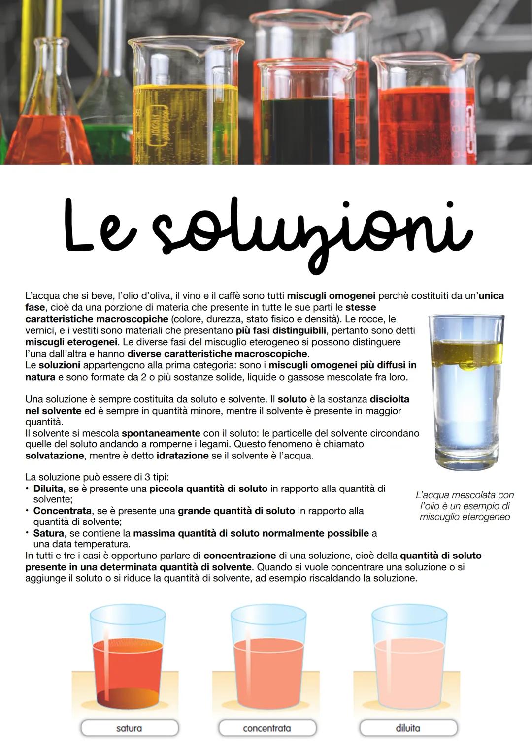 Le soluzioni
L'acqua che si beve, l'olio d'oliva, il vino e il caffè sono tutti miscugli omogenei perchè costituiti da un'unica
fase, cioè d