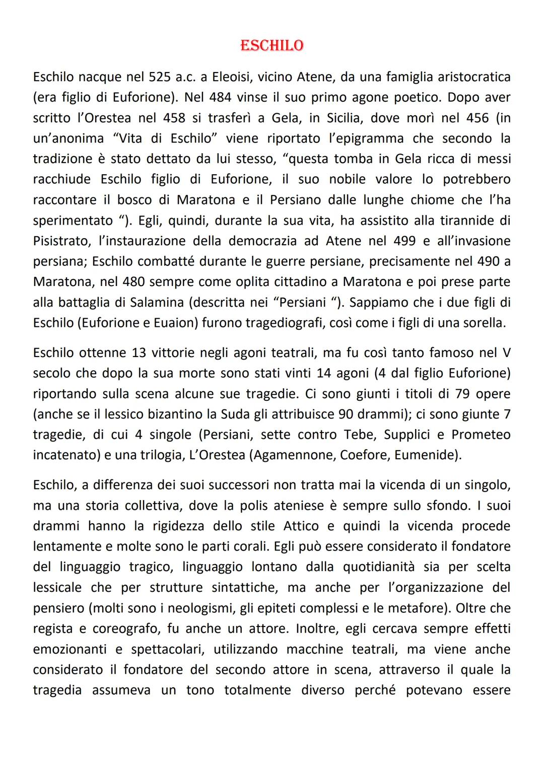 ESCHILO
Eschilo nacque nel 525 a.c. a Eleoisi, vicino Atene, da una famiglia aristocratica
(era figlio di Euforione). Nel 484 vinse il suo p