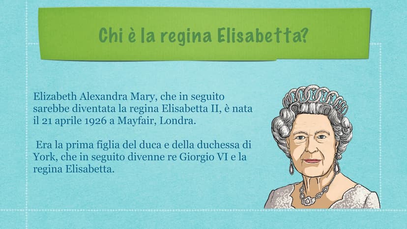 La regina
Elisabetta II Chi è la regina Elisabetta?
Elizabeth Alexandra Mary, che in seguito
sarebbe diventata la regina Elisabetta II, è na