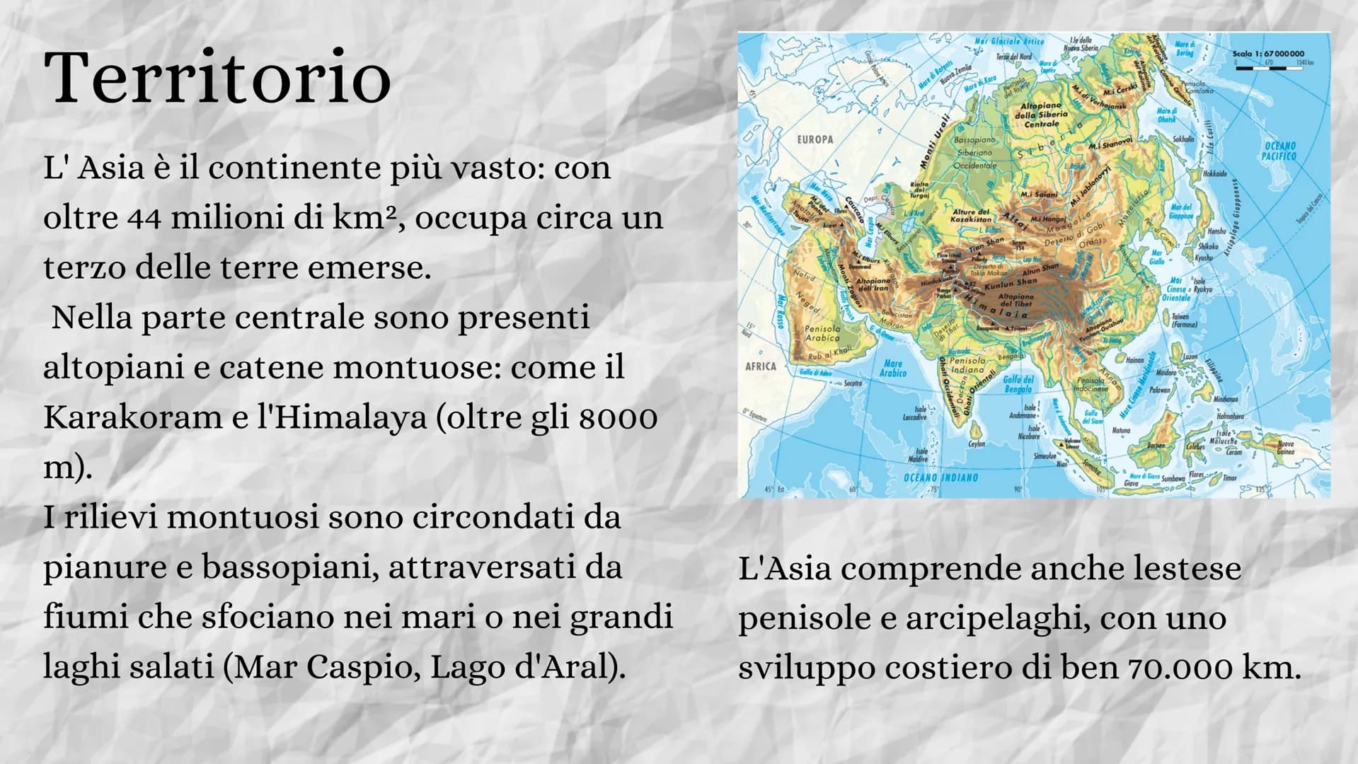 ASIA
11111
302 Territorio
L' Asia è il continente più vasto: con
oltre 44 milioni di km², occupa circa un
terzo delle terre emerse.
Nella pa