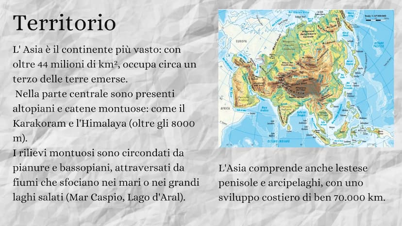 ASIA
11111
302 Territorio
L' Asia è il continente più vasto: con
oltre 44 milioni di km², occupa circa un
terzo delle terre emerse.
Nella pa