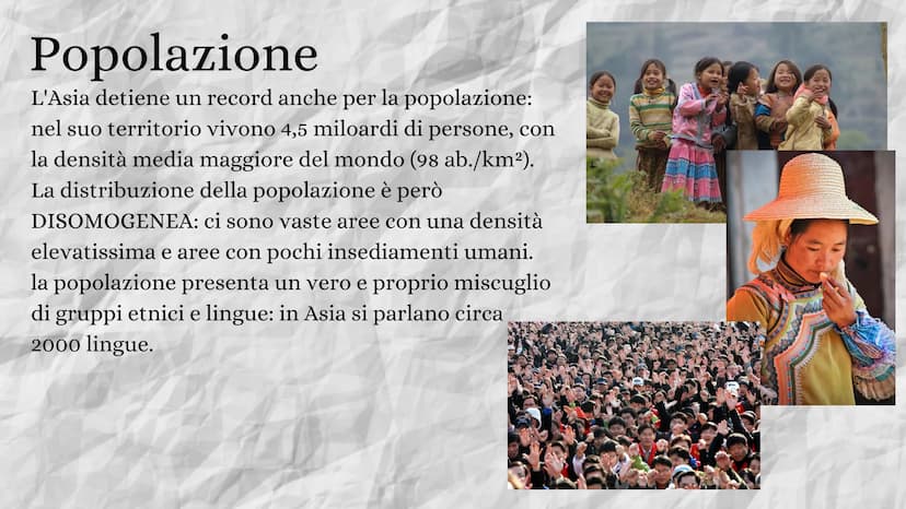 ASIA
11111
302 Territorio
L' Asia è il continente più vasto: con
oltre 44 milioni di km², occupa circa un
terzo delle terre emerse.
Nella pa