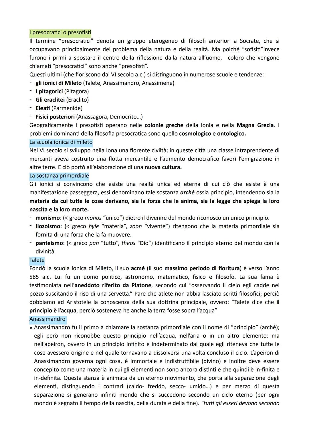 I presocratici o presofisti
Il termine "presocratici" denota un gruppo eterogeneo di filosofi anteriori a Socrate, che si
occupavano princip
