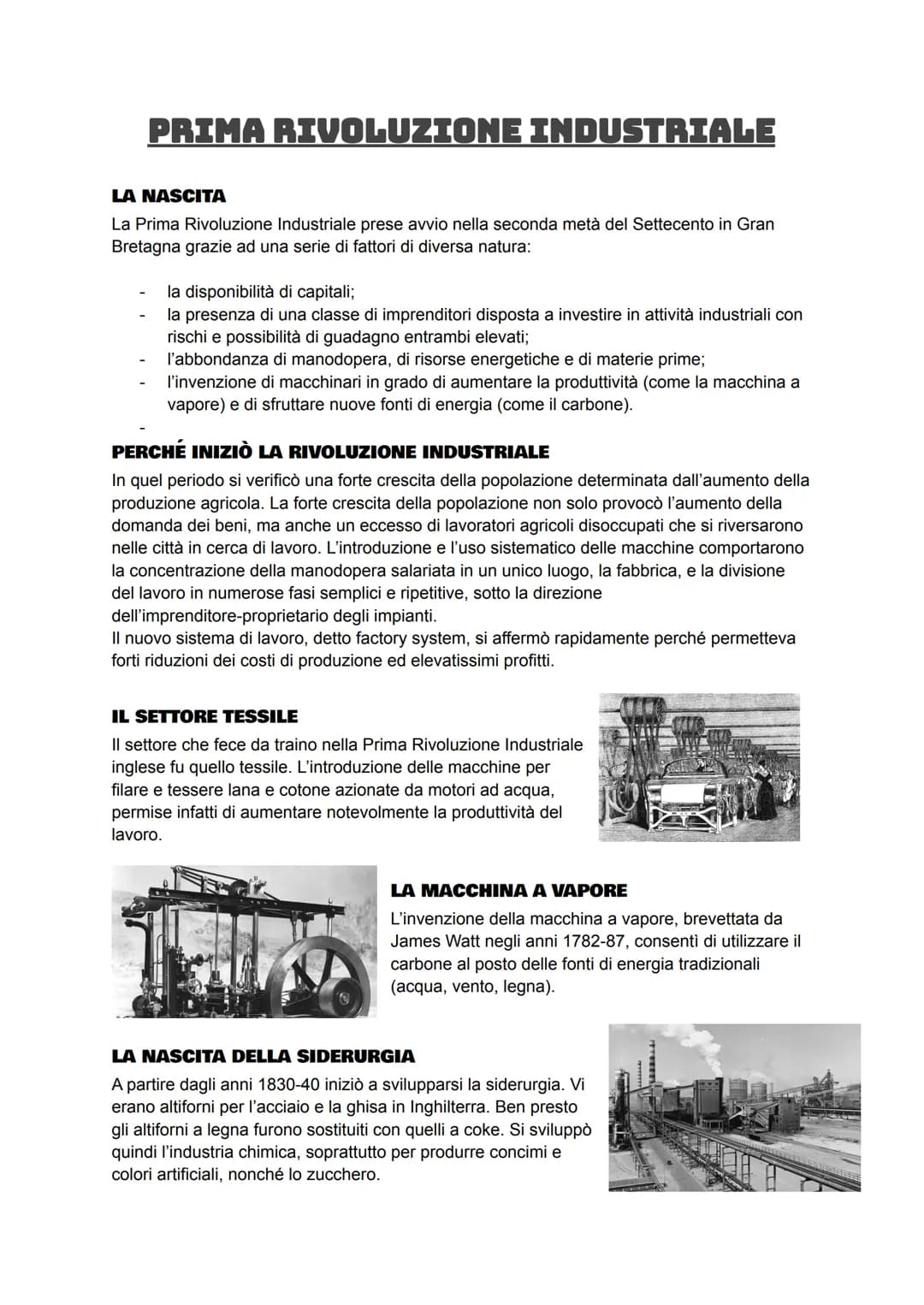 PRIMA RIVOLUZIONE INDUSTRIALE
LA NASCITA
La Prima Rivoluzione Industriale prese avvio nella seconda metà del Settecento in Gran
Bretagna gra