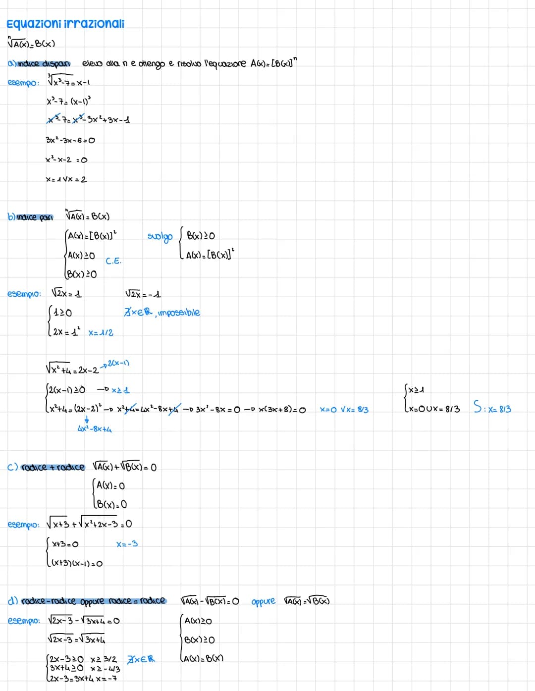 Equazioni irrazionali
VA(X)= B(x)
a) indice dispari elevo alla n e ottengo e risolvo l'equazione A&x)= [B(x)]"
esempo:
√√x³-72x-1
X²-7=(x-1)