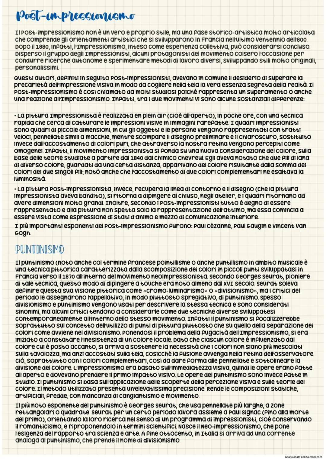 Post-impressionismo
Il Post-impressionismo non è un vero e proprio stile, ma una fase storico-artistica molto articolata
che comprende gli o