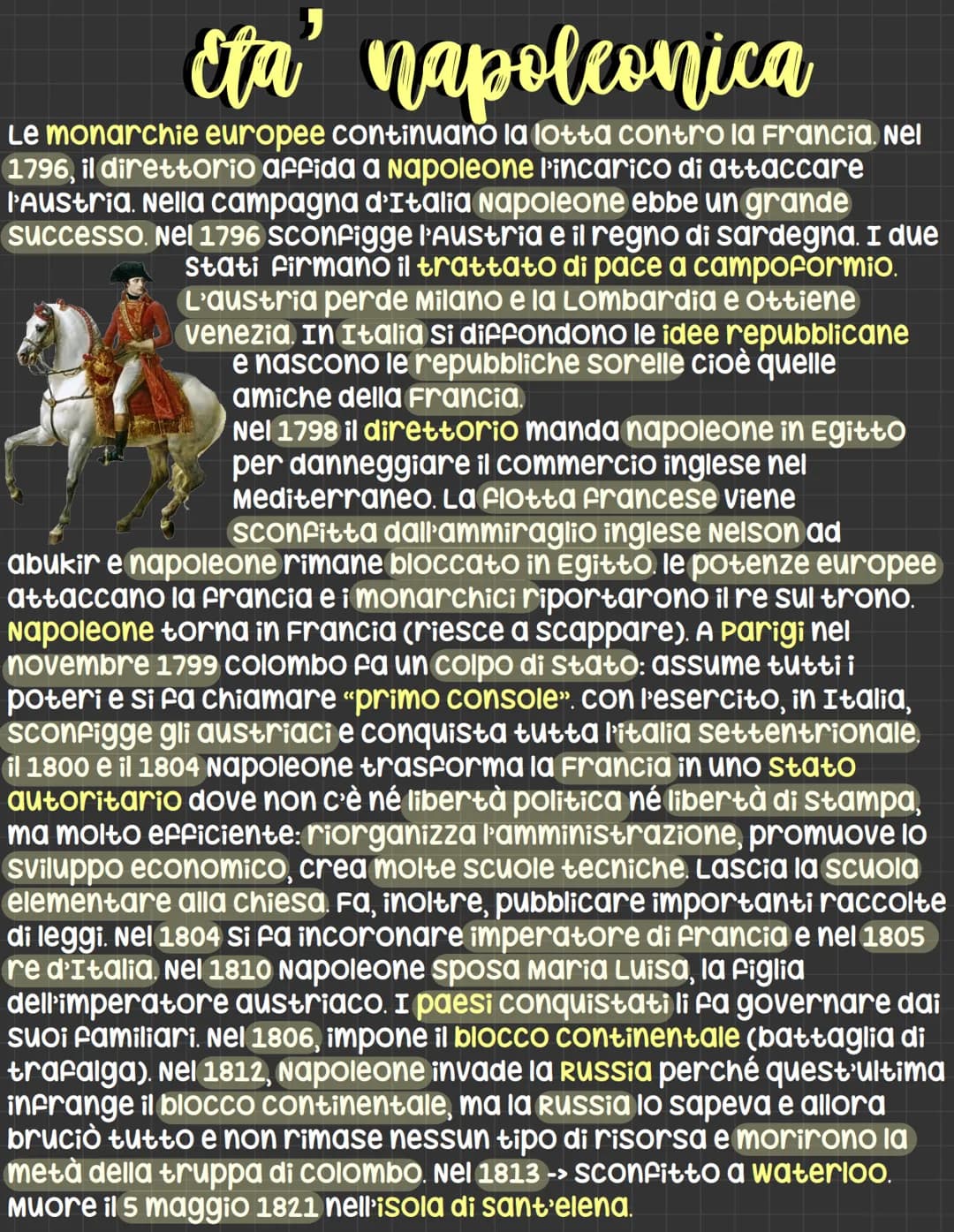 Eta' napoleonica
Le monarchie europee continuano la lotta contro la Francia. Nel
1796, il direttorio affida a Napoleone l'incarico di attacc