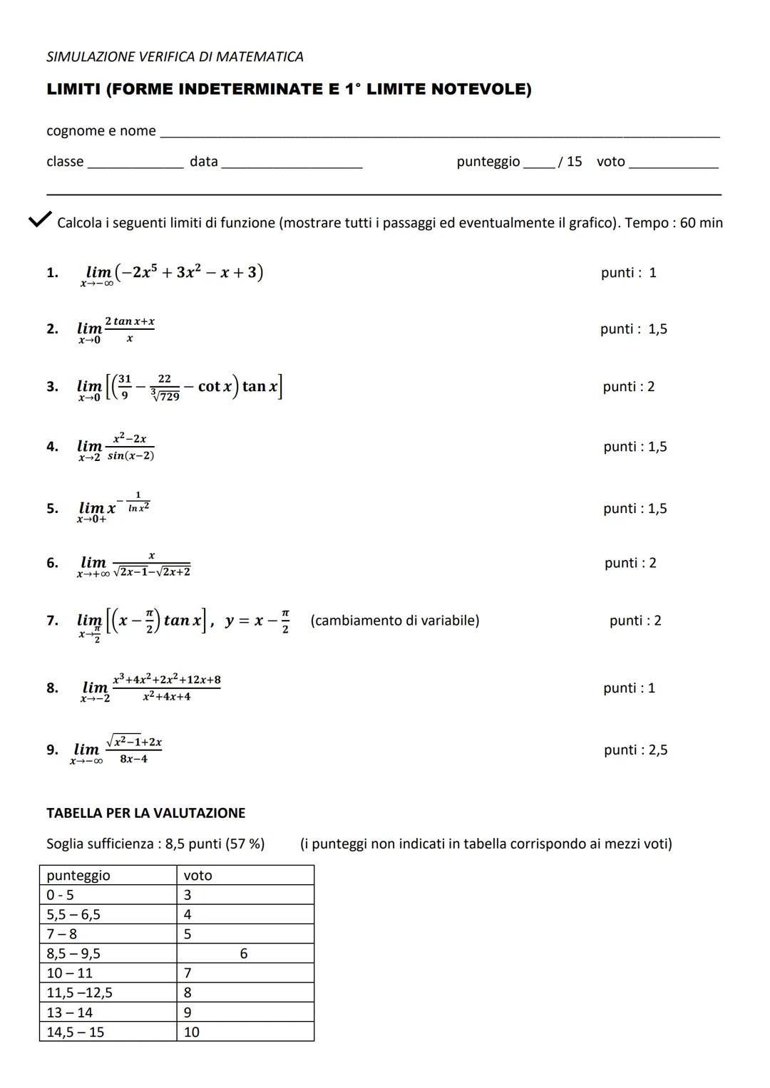 SIMULAZIONE VERIFICA DI MATEMATICA
LIMITI (FORME INDETERMINATE E 1° LIMITE NOTEVOLE)
cognome e nome
classe
1.
Calcola i seguenti limiti di f