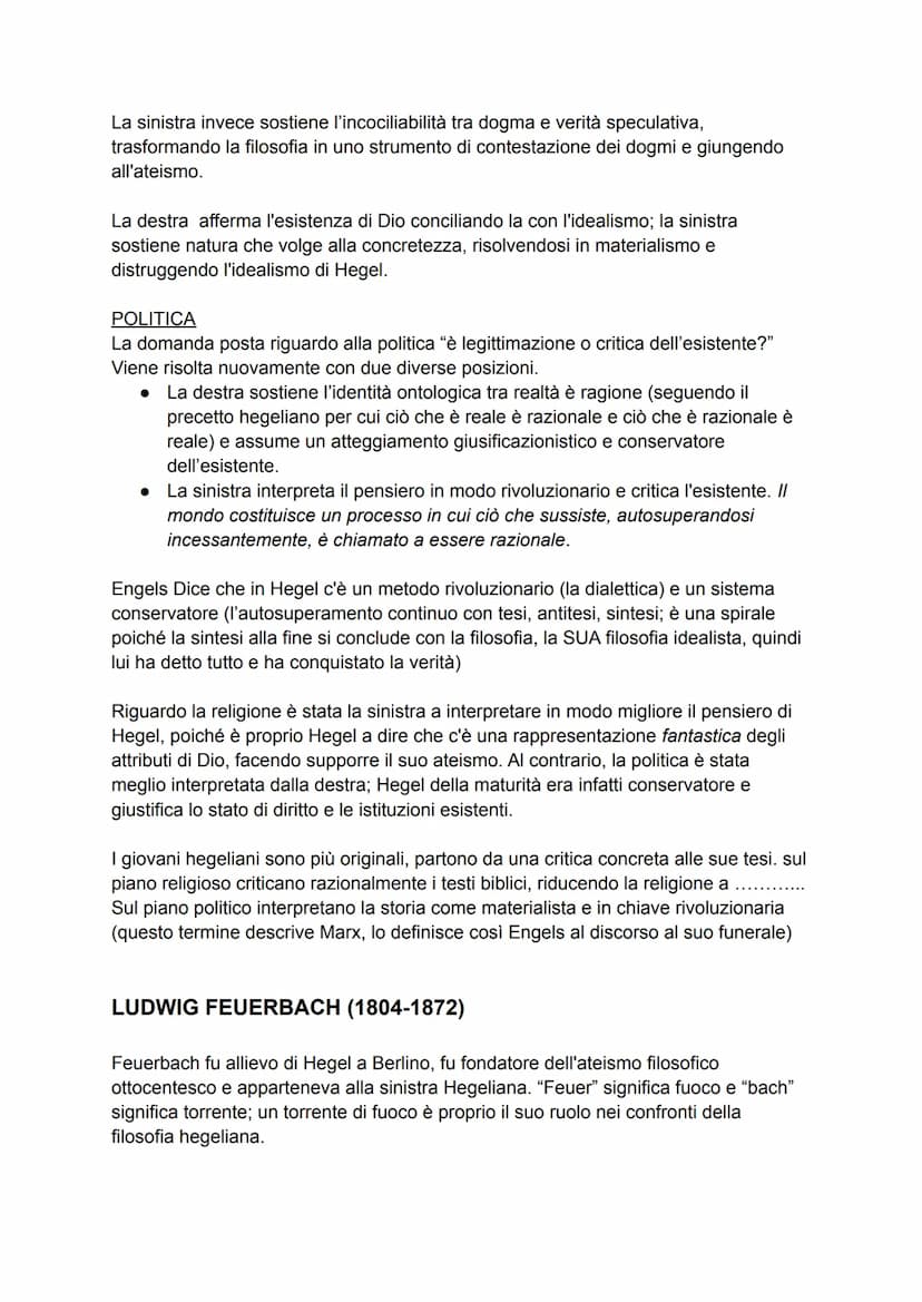 APPUNTI FILOSOFIA
DESTRA E SINISTRA HEGELIANA
Dopo la morte di Hegel a causa di un'epidemia di colera, avvenuta nel 1831 dopo un
lungo perio