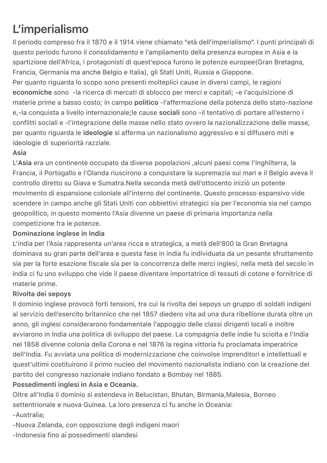 L'imperialismo
Il periodo compreso fra il 1870 e il 1914 viene chiamato "età dell'imperialismo". I punti principali di
questo periodo furono