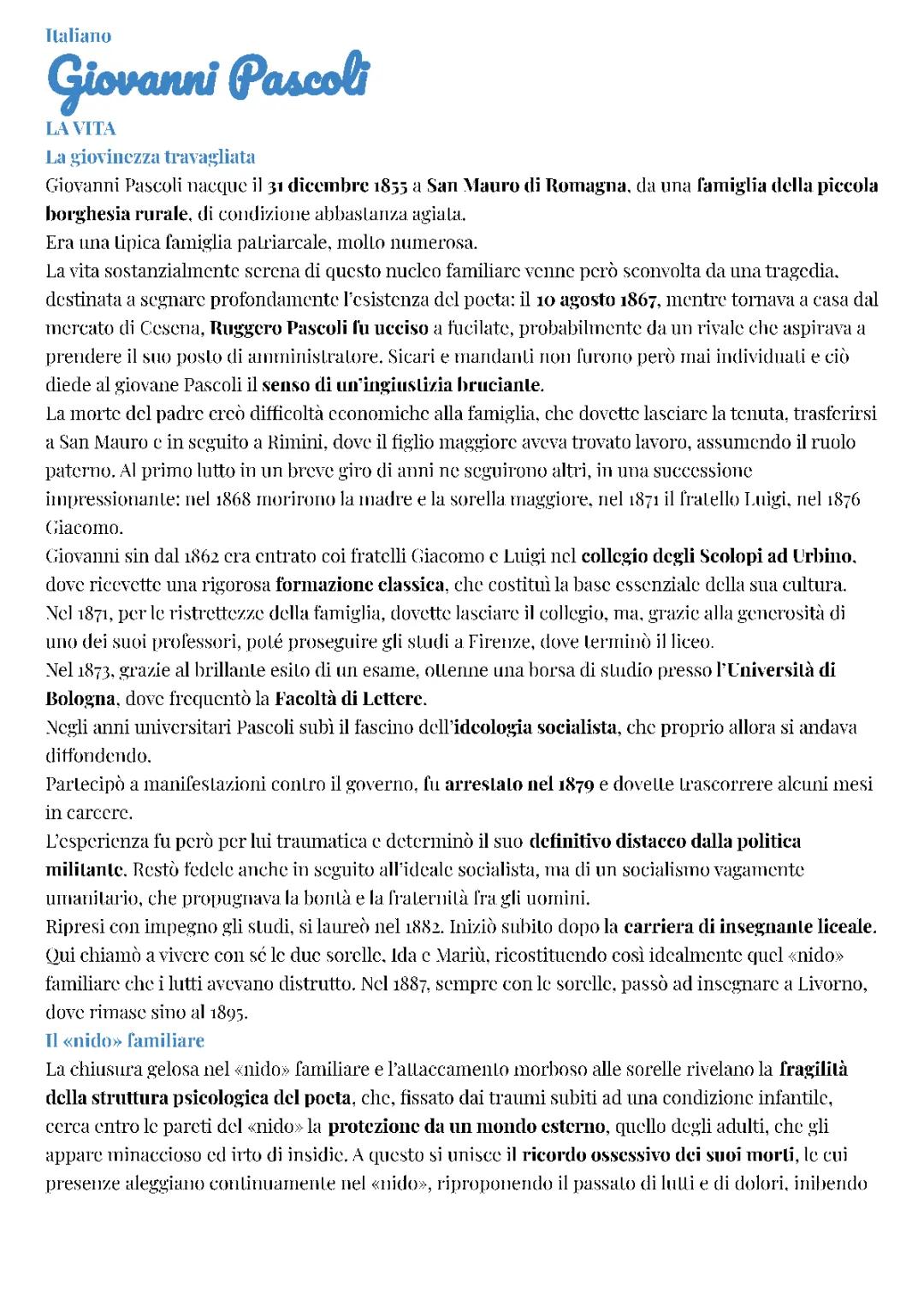 Giovanni Pascoli: vita, opere e pensiero in breve