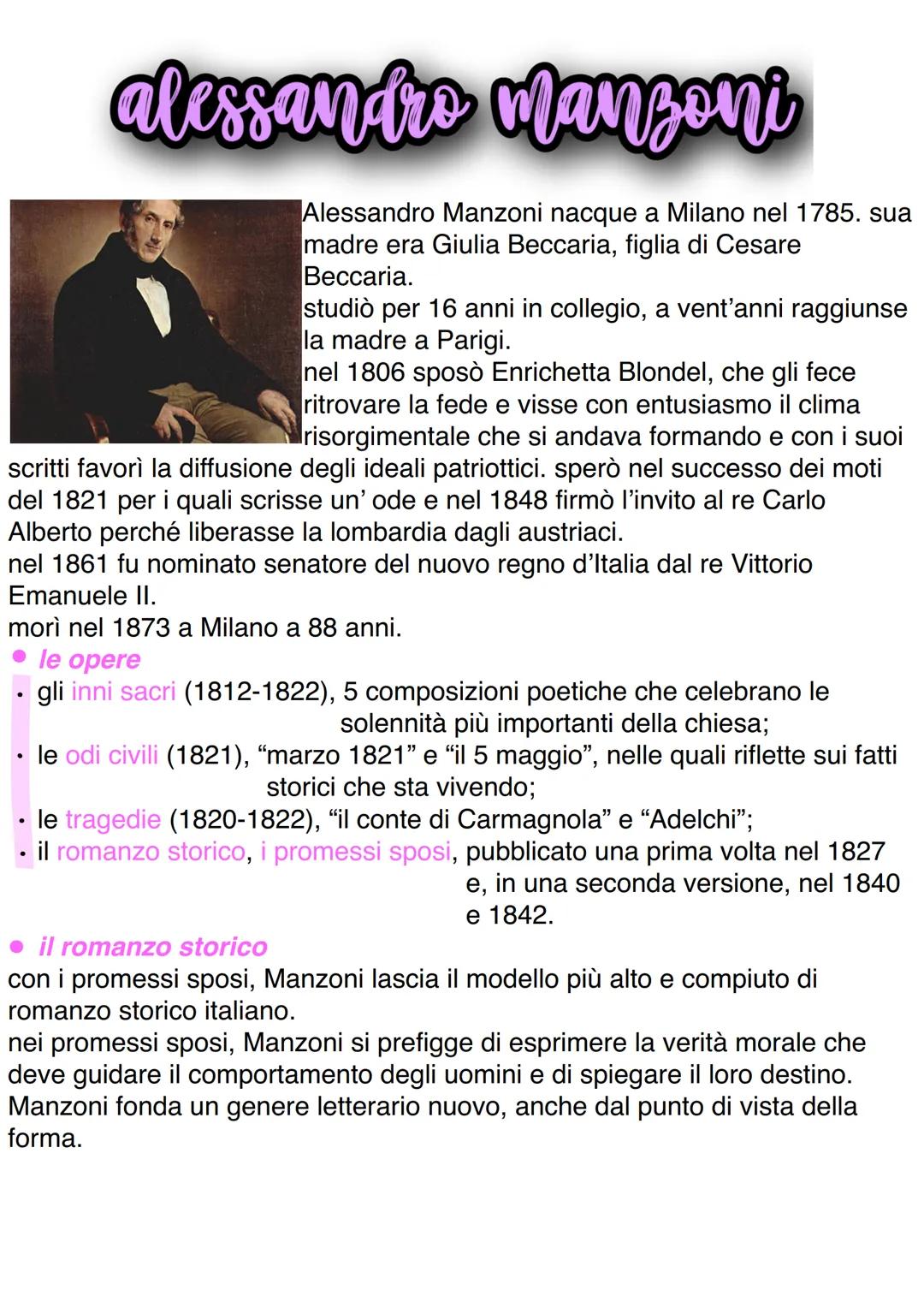 alessandro Manzoni
Alessandro Manzoni nacque a Milano nel 1785. sua
madre era Giulia Beccaria, figlia di Cesare
Beccaria.
studiò per 16 anni