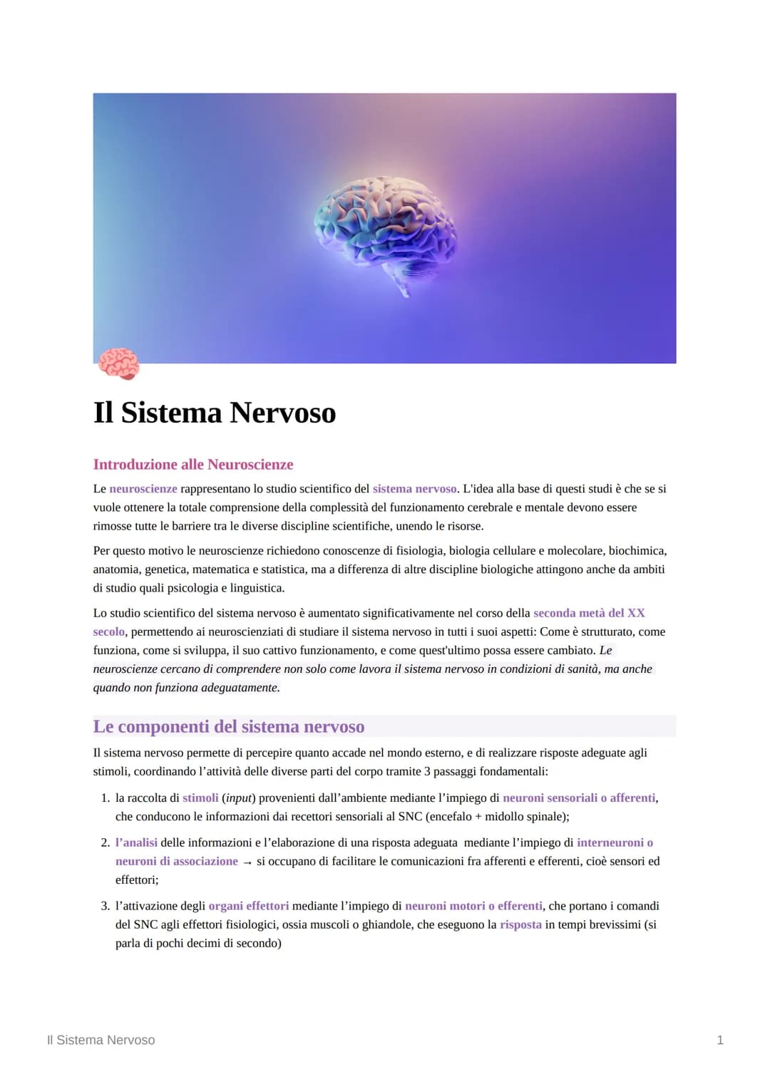 Il Sistema Nervoso
Introduzione alle Neuroscienze
Le neuroscienze rappresentano lo studio scientifico del sistema nervoso. L'idea alla base 