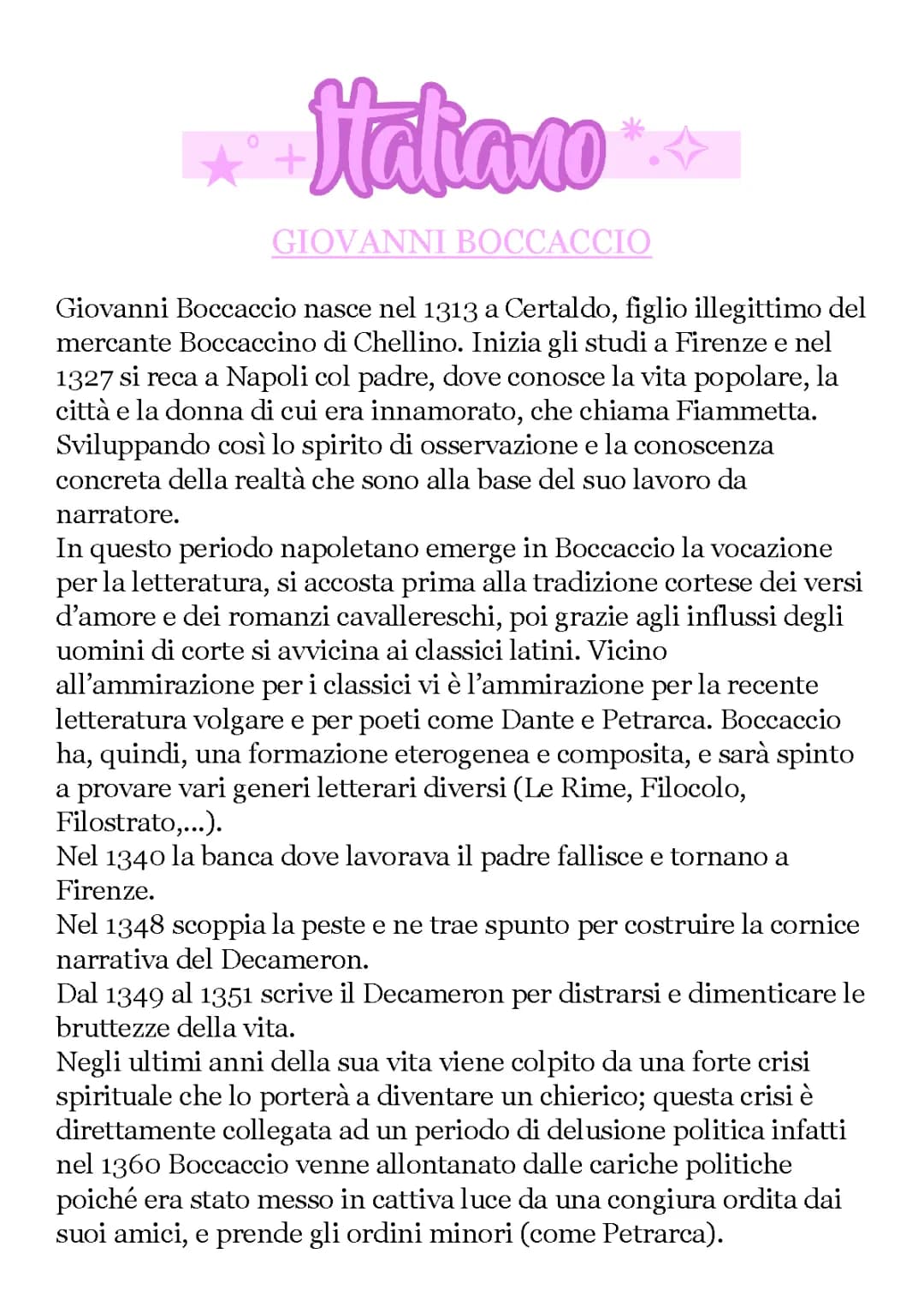 Vita e Opere di Boccaccio: Riassunto e Curiosità