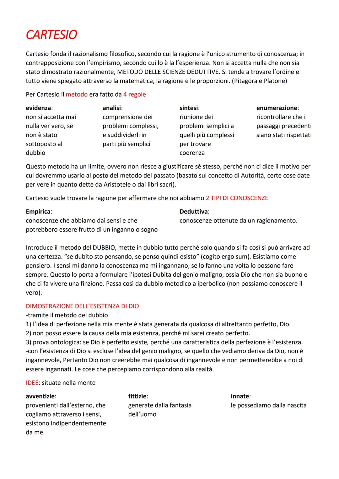 CARTESIO
Cartesio fonda il razionalismo filosofico, secondo cui la ragione è l'unico strumento di conoscenza; in
contrapposizione con l'empi