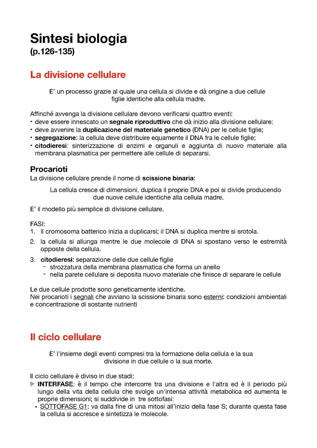 sintesi argomenti biologia