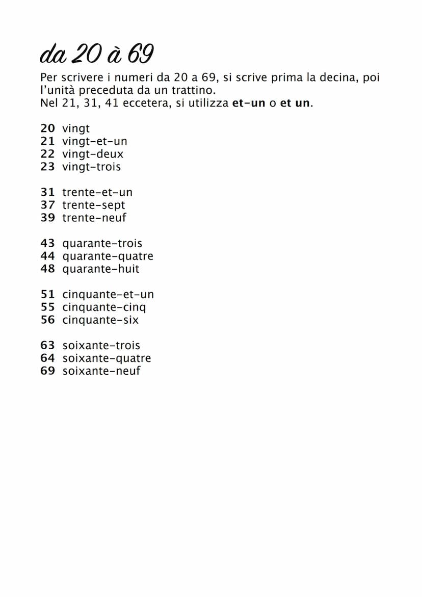 Nombres
Per imparare i numeri in francese è importante imparare
prima i numeri fino a 20, che serviranno a formare gli altri
numeri.
nombres