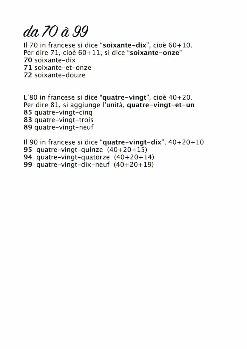 Nombres
Per imparare i numeri in francese è importante imparare
prima i numeri fino a 20, che serviranno a formare gli altri
numeri.
nombres