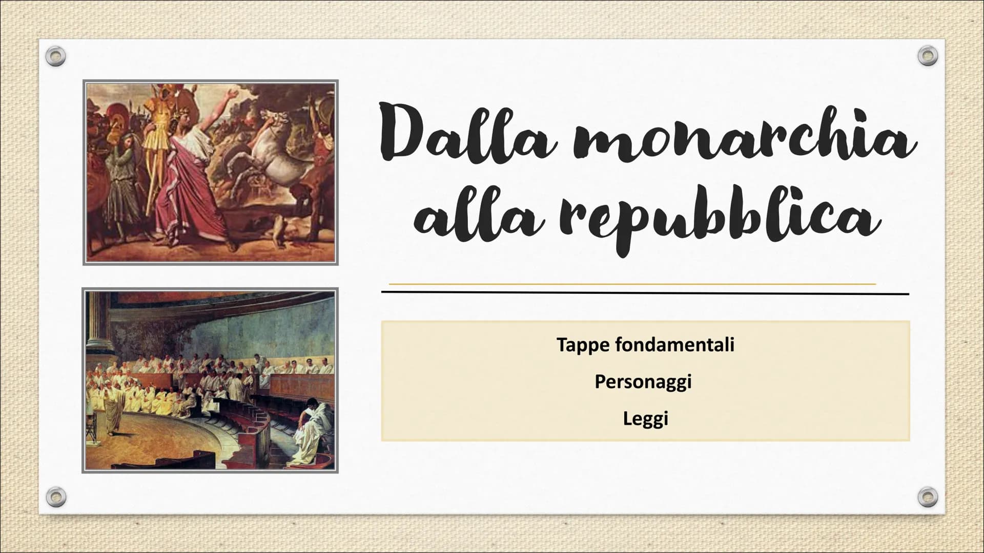 Dalla monarchia
alla repubblica
Tappe fondamentali
Personaggi
Leggi Romolo
Tullo Ostilio
Tarquinio Prisco
Tarquinio il
Superbo
17 re di Roma