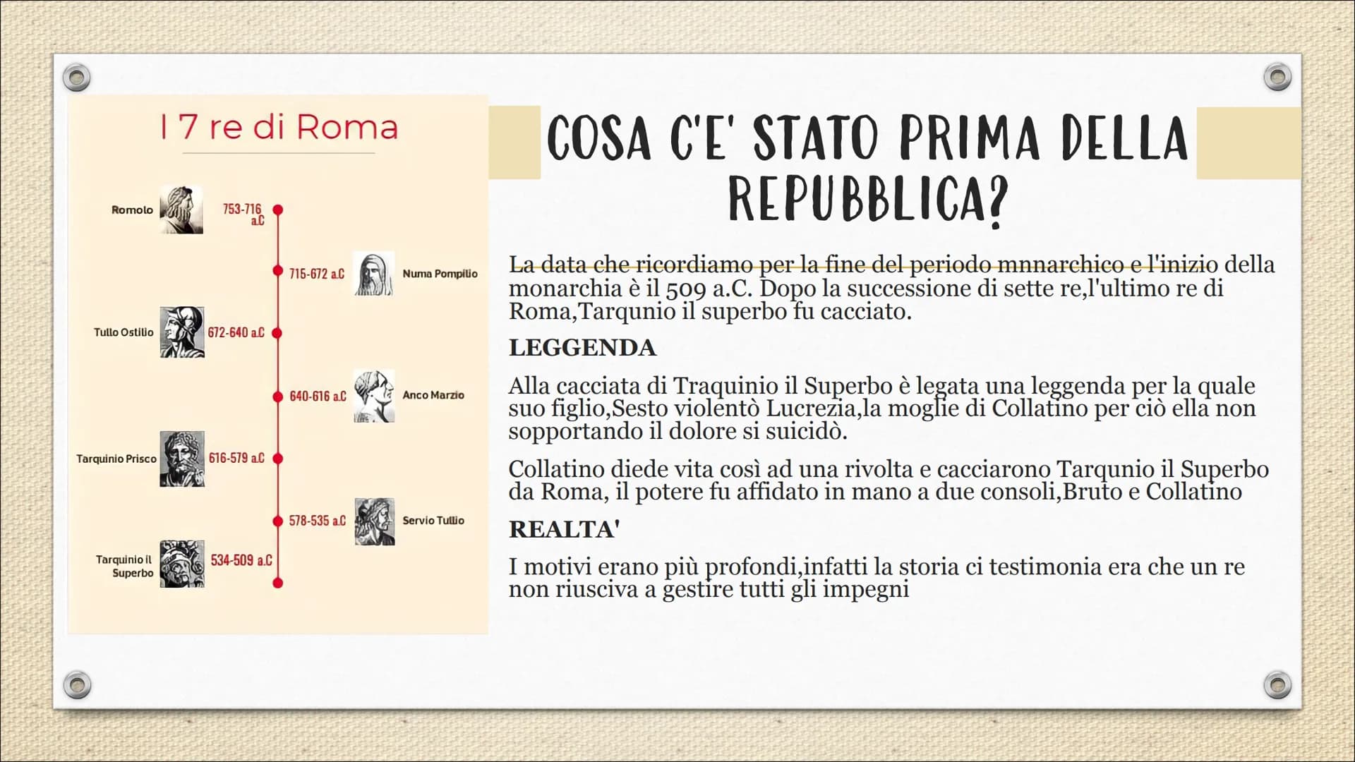 Dalla monarchia
alla repubblica
Tappe fondamentali
Personaggi
Leggi Romolo
Tullo Ostilio
Tarquinio Prisco
Tarquinio il
Superbo
17 re di Roma