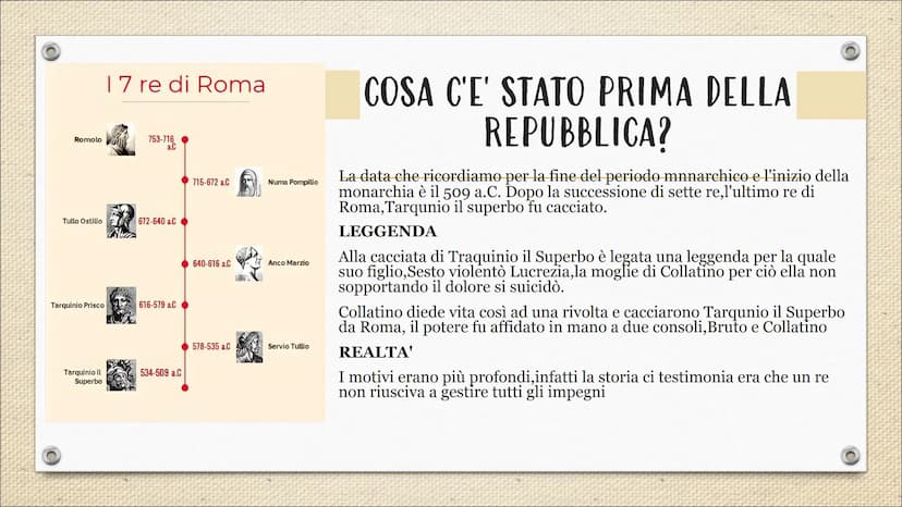 Dalla monarchia
alla repubblica
Tappe fondamentali
Personaggi
Leggi Romolo
Tullo Ostilio
Tarquinio Prisco
Tarquinio il
Superbo
17 re di Roma