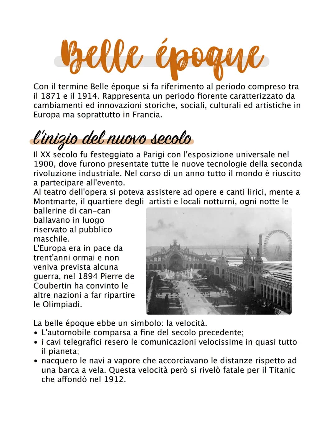 
<p>Il termine Belle Époque si riferisce al periodo compreso tra il 1871 e il 1914. Questo periodo rappresenta un'epoca di cambiamenti e inn