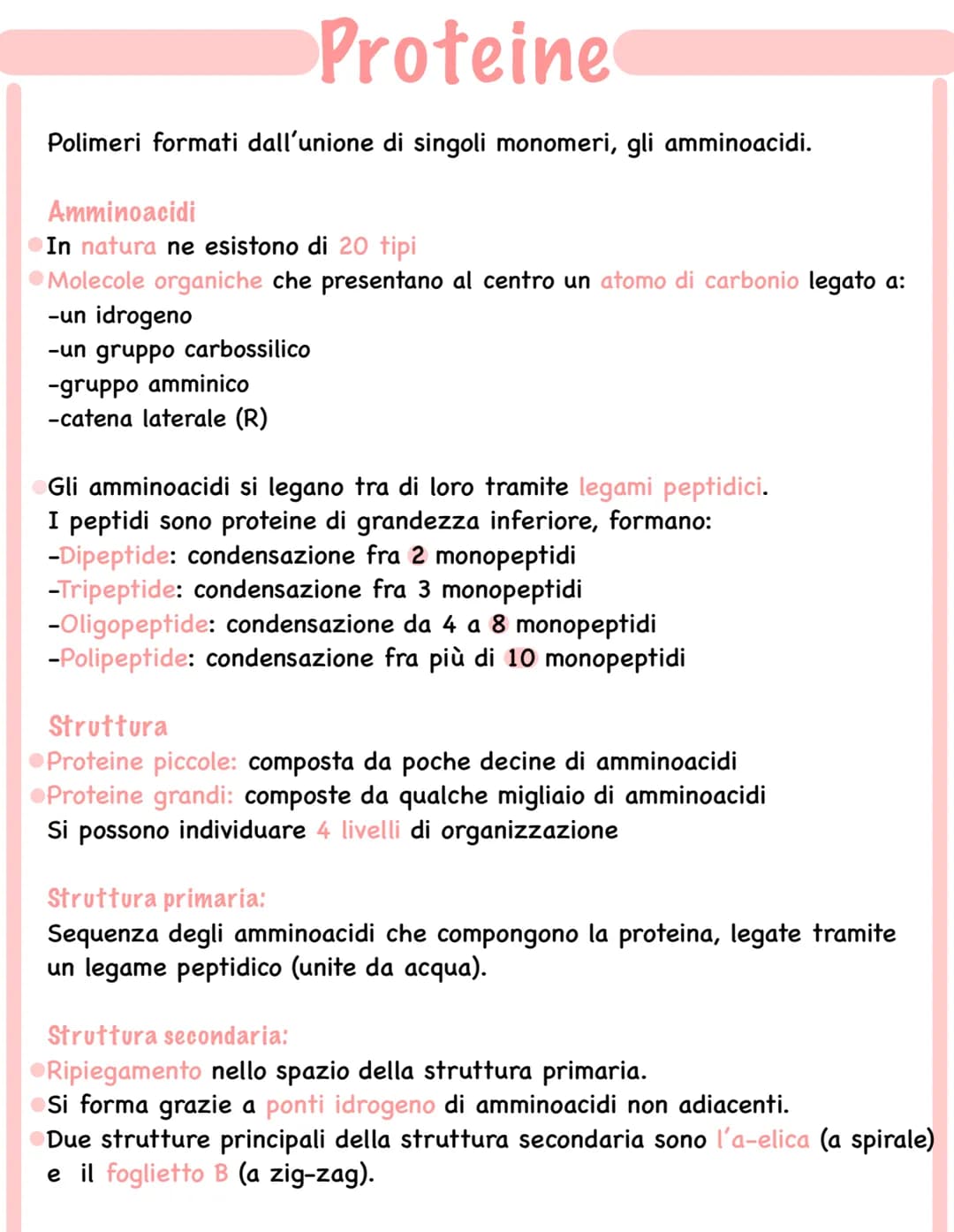 Proteine
Polimeri formati dall'unione di singoli monomeri, gli amminoacidi.
Amminoacidi
In natura ne esistono di 20 tipi
Molecole organiche 