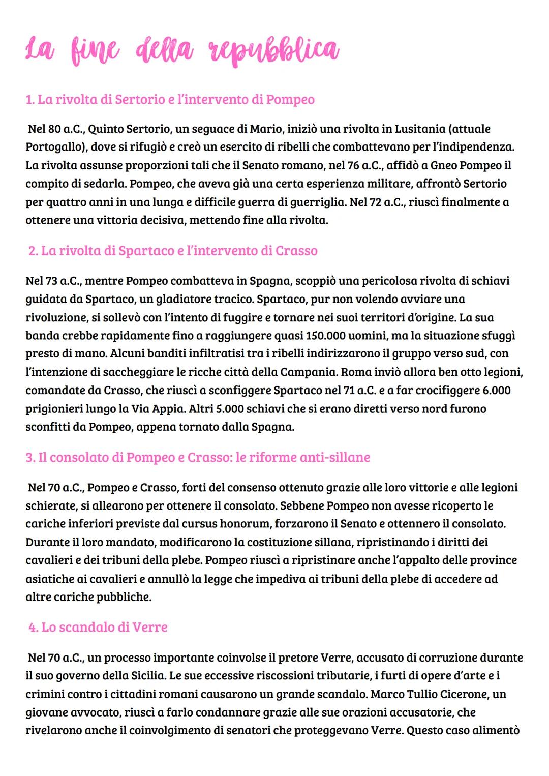 # La fine della repubblica

1. La rivolta di Sertorio e l'intervento di Pompeo

Nel 80 a.C., Quinto Sertorio, un seguace di Mario, iniziò un
