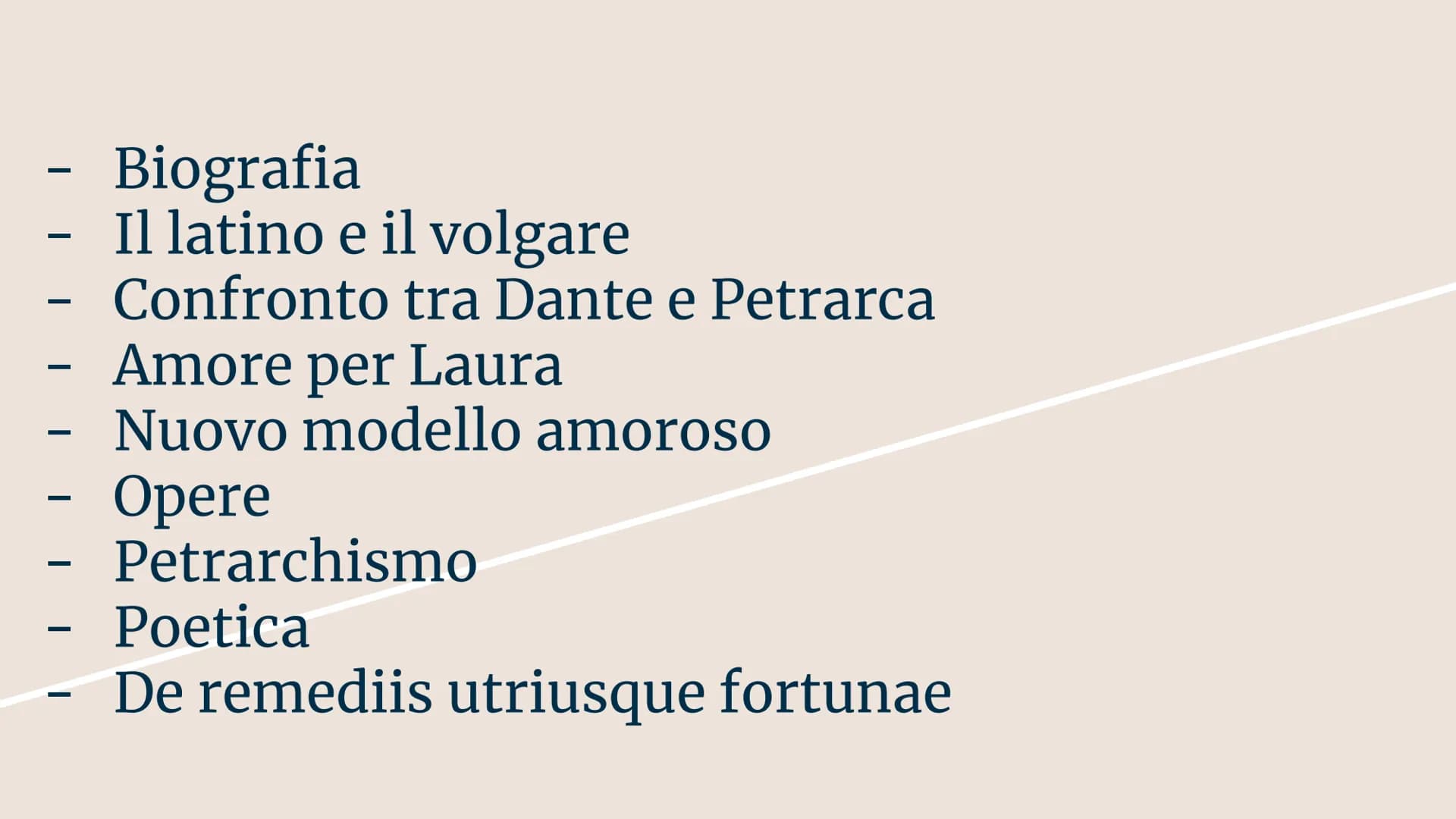 PETRARCA
By Messina Silvia Biografia
Il latino e il volgare
- Confronto tra Dante e Petrarca
-
—
-
—
—
-
Amore per Laura
Nuovo modello amoro