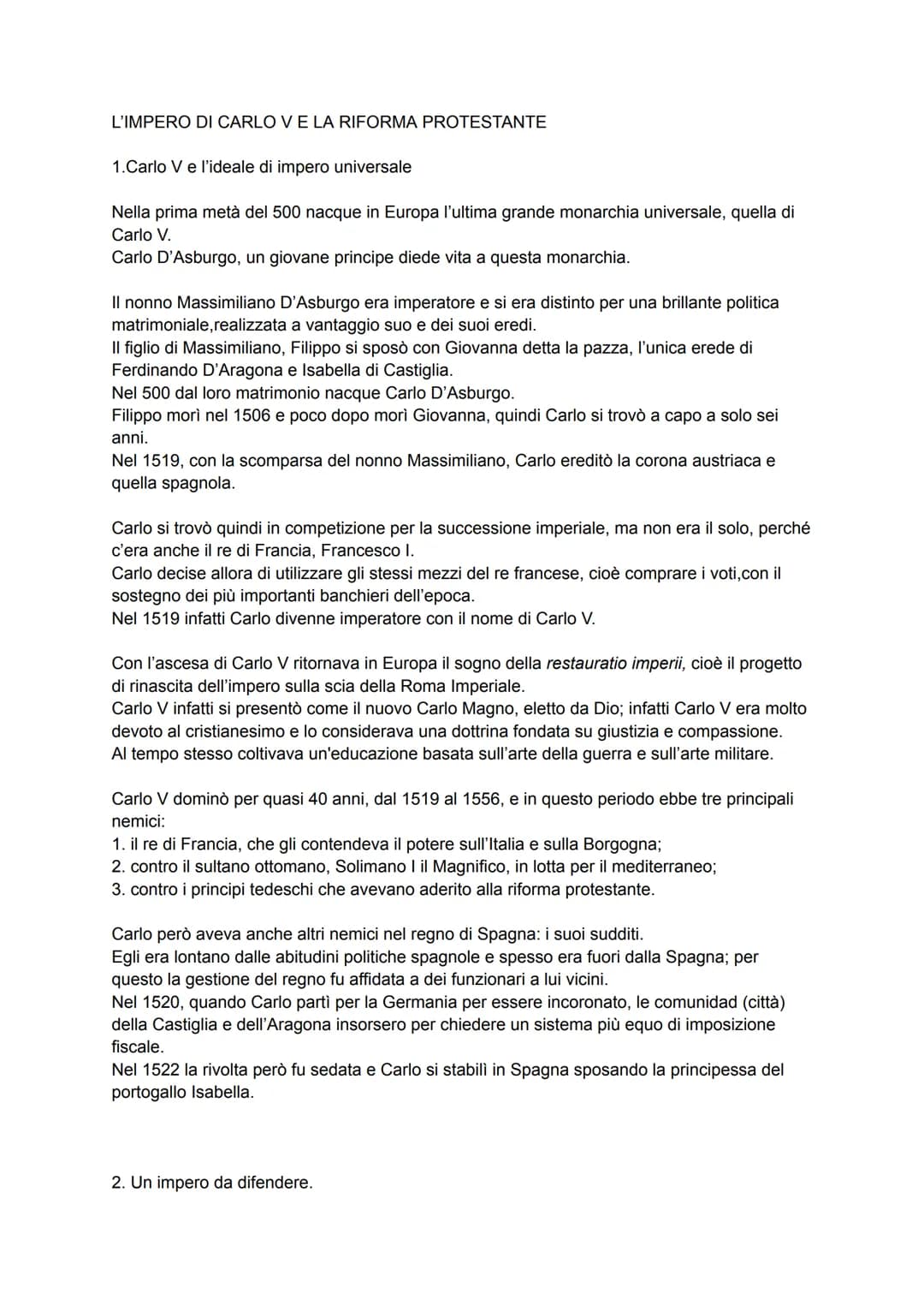 L'IMPERO DI CARLO V E LA RIFORMA PROTESTANTE
1.Carlo V e l'ideale di impero universale
Nella prima metà del 500 nacque in Europa l'ultima gr