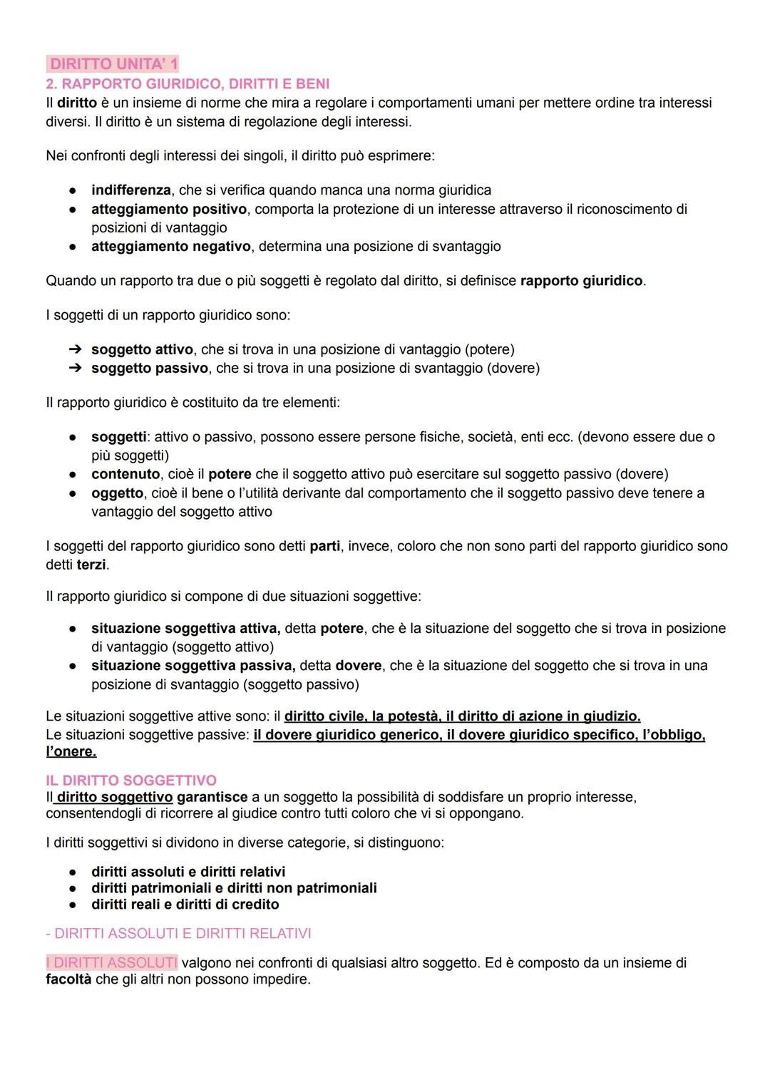 DIRITTO UNITA' 1
2. RAPPORTO GIURIDICO, DIRITTI E BENI
Il diritto è un insieme di norme che mira a regolare i comportamenti umani per metter