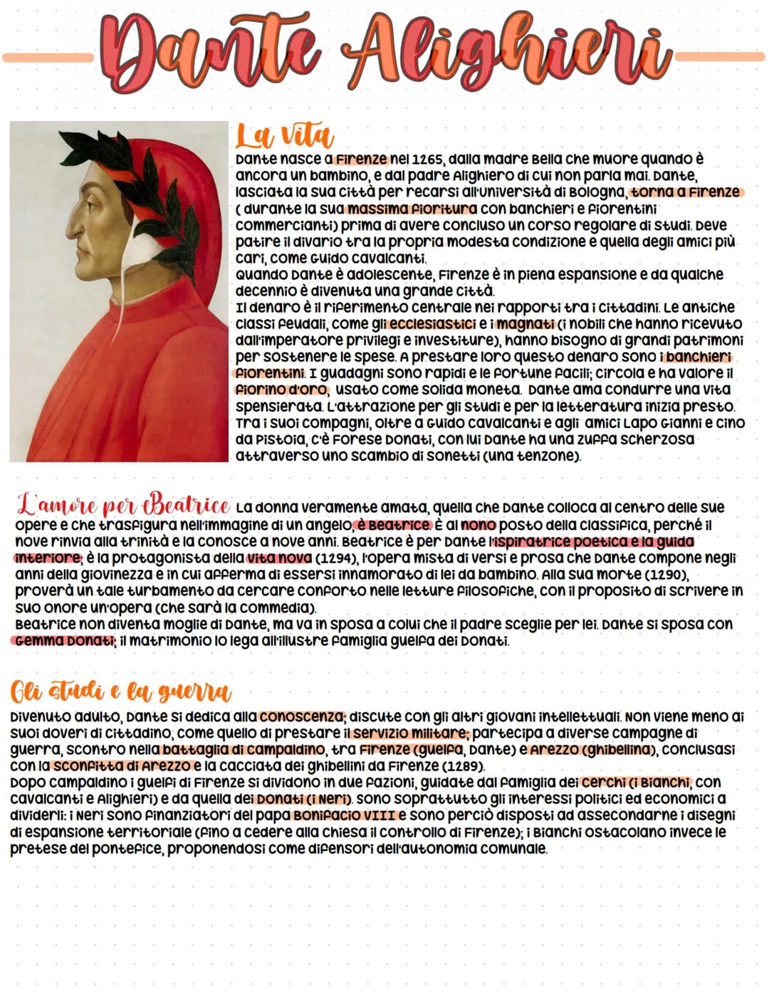 Dante Alighieri
La vita
Dante nasce a Firenze nel 1265, dalla madre Bella che muore quando è
ancora un bambino, e dal padre Alighiero di cui