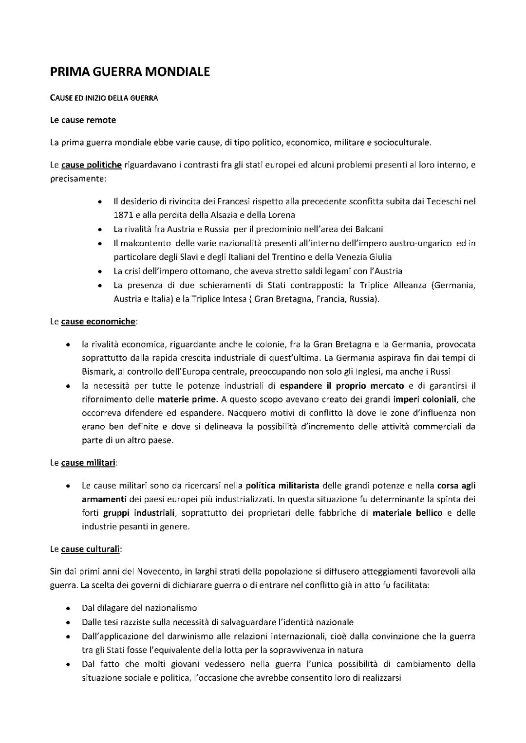 Prima Guerra Mondiale Appunti Maturità 