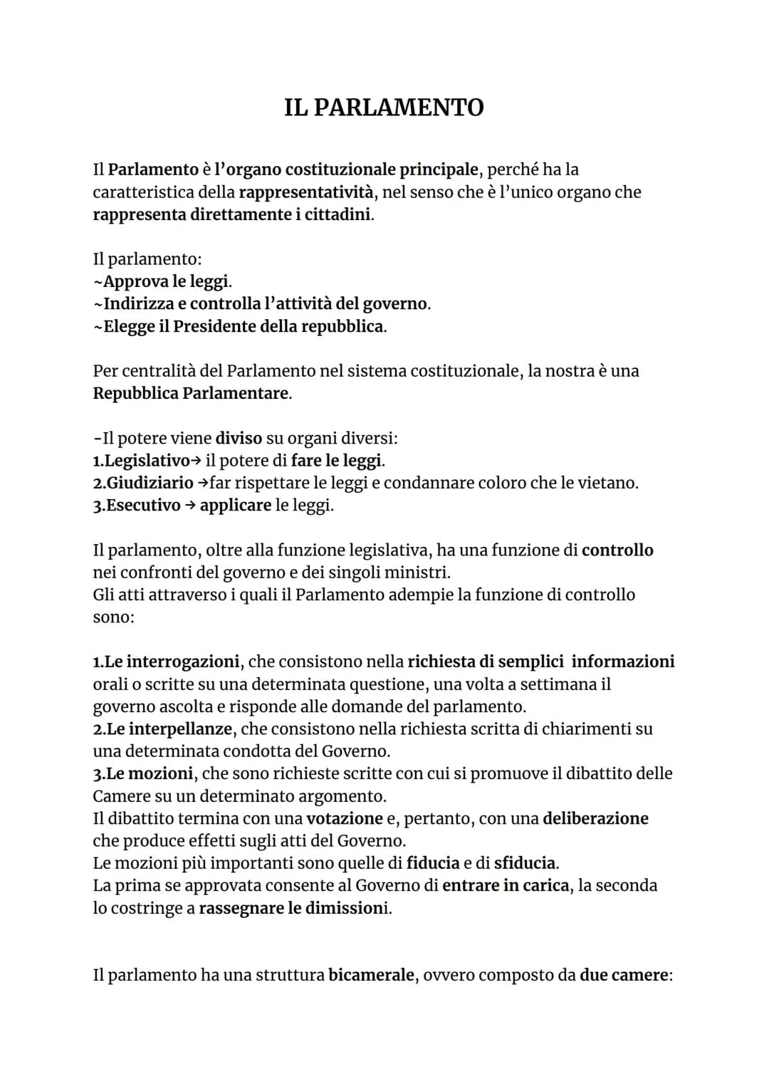 IL PARLAMENTO
Il Parlamento è l'organo costituzionale principale, perché ha la
caratteristica della rappresentatività, nel senso che è l'uni