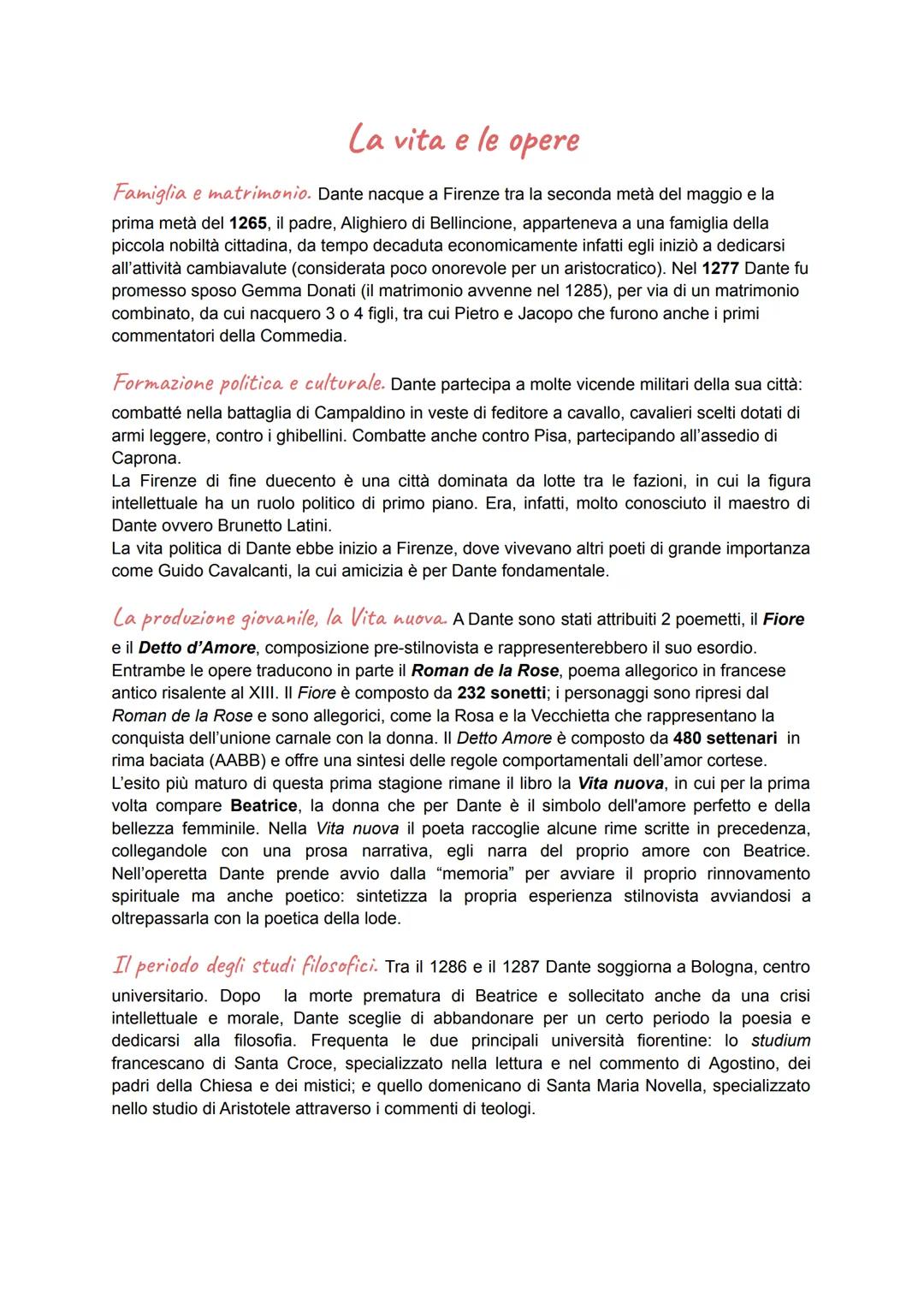 # La vita e le opere

Famiglia e matrimonio. Dante nacque a Firenze tra la seconda metà del maggio e la
prima metà del 1265, il padre, Aligh