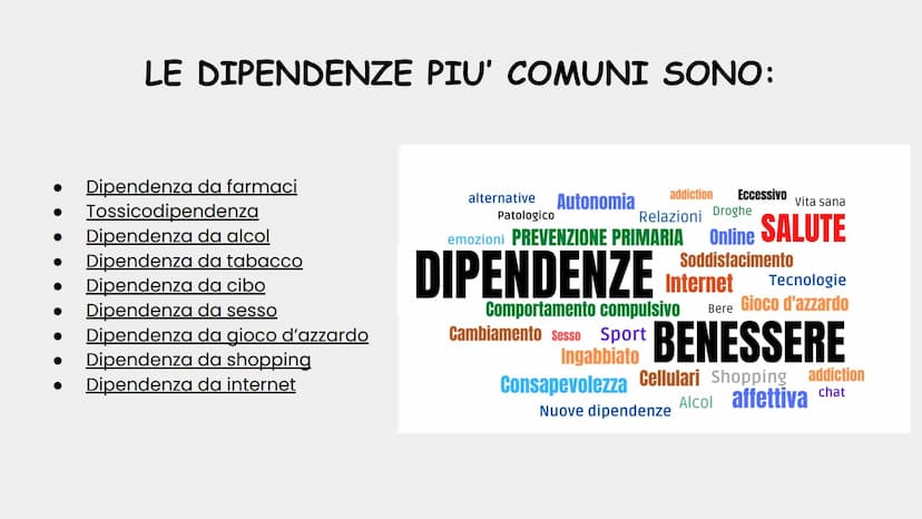 LE DIPENDENZE
ES
向
命
DI RICCERI GAIA
3B, A.S. 2022-2023 COSA SONO LE DIPENDENZE?
Fo
30
Una dipendenza è un'alterazione del
proprio comportam
