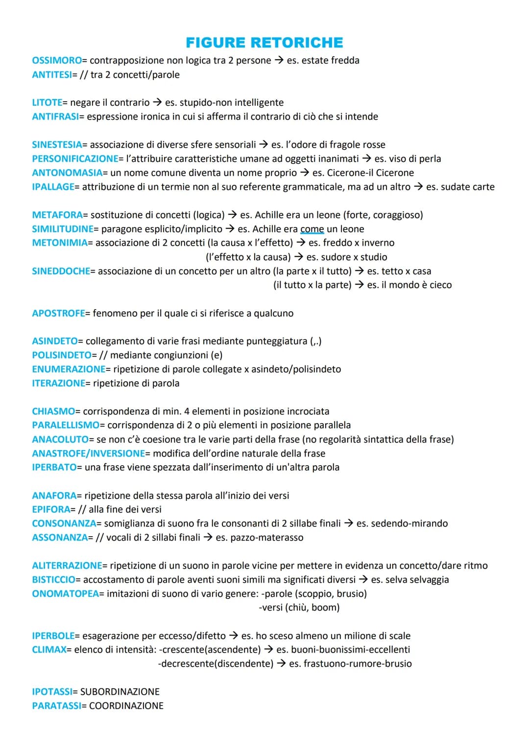 FIGURE RETORICHE
OSSIMORO= contrapposizione non logica tra 2 persone es. estate fredda
ANTITESI=// tra 2 concetti/parole
LITOTE= negare il c