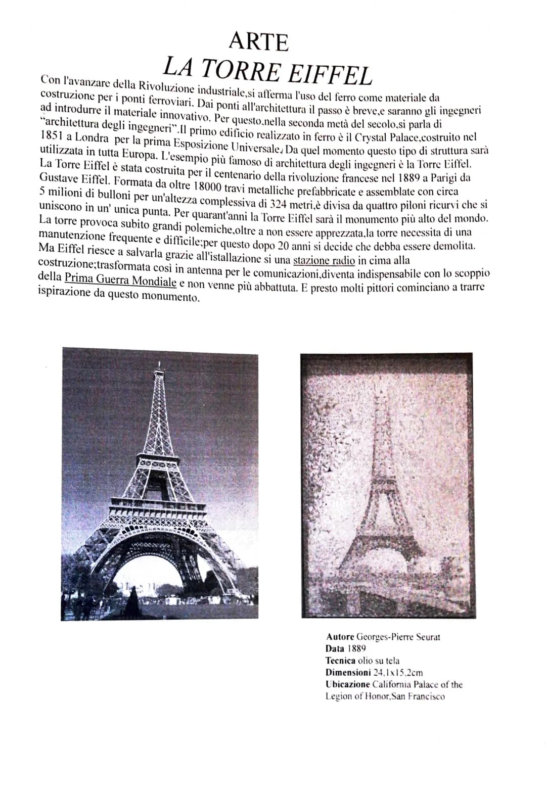 ARTE
LA TORRE EIFFEL
Con l'avanzare della Rivoluzione industriale,si afferma l'uso del ferro come materiale da
costruzione per i ponti ferro