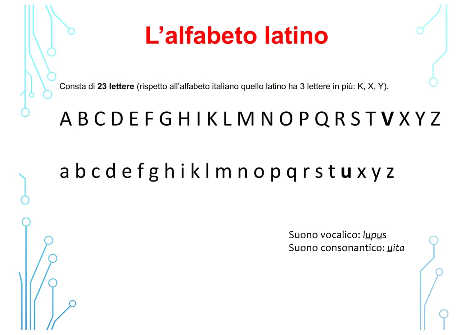 قرمز
Vi
Corso di latino
per principianti
LEZIONE 1
FONOLOGIA: l'alfabeto, la pronuncia, la quantità
vocalica, la divisione in sillabe, l'acc