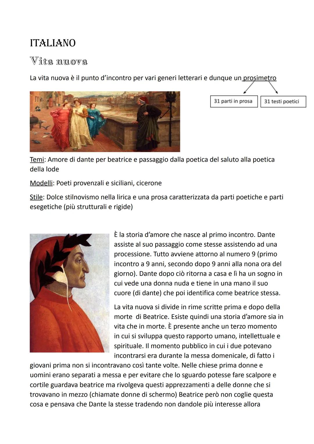 ITALIANO
Vita nuova
La vita nuova è il punto d'incontro per vari generi letterari e dunque un prosimetro
31 parti in prosa 31 testi poetici
