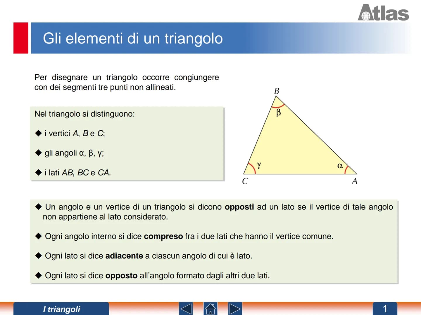 Gli elementi di un triangolo
Per disegnare un triangolo occorre congiungere
con dei segmenti tre punti non allineati.
Nel triangolo si disti
