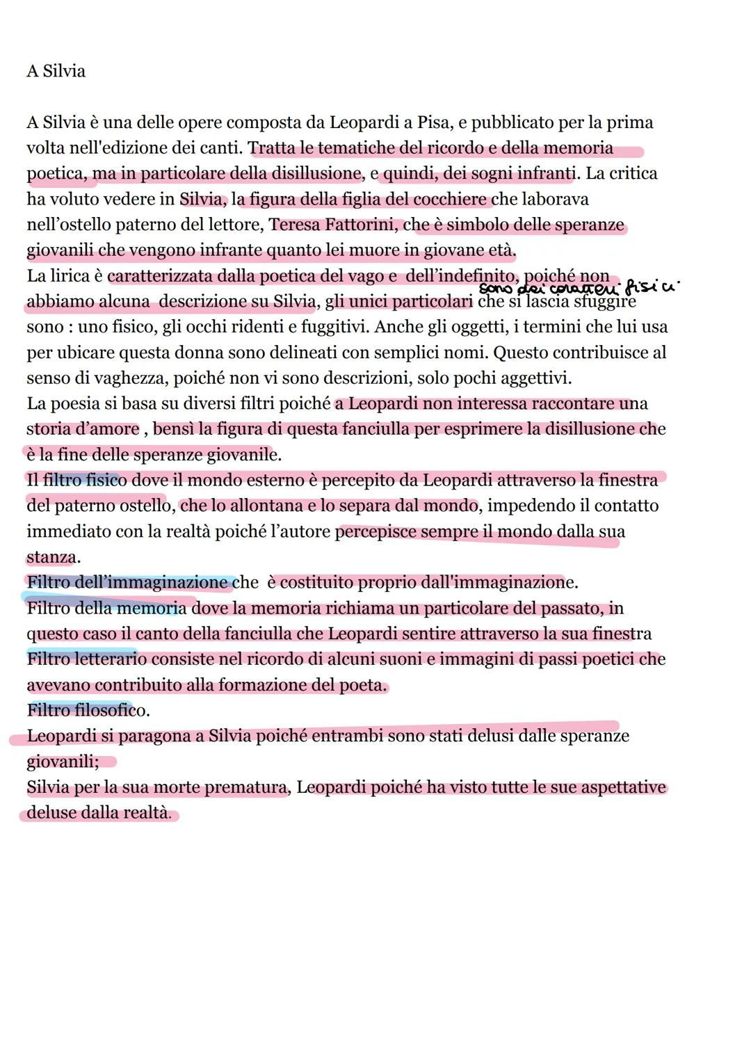 A Silvia
A Silvia è una delle opere composta da Leopardi a Pisa, e pubblicato per la prima
volta nell'edizione dei canti. Tratta le tematich