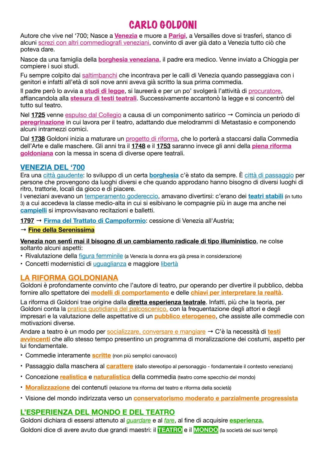 # CARLO GOLDONI

Autore che vive nel '700; Nasce a Venezia e muore a Parigi, a Versailles dove si trasferì, stanco di
alcuni screzi con altr
