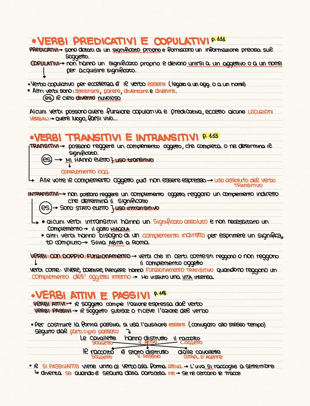 ● VERBI PREDICATIVI E COPULATIVI P. 111
PREDICATIVI Sono dotati di un significato proprio e forniscono un informazione precisa sue
soggetto.