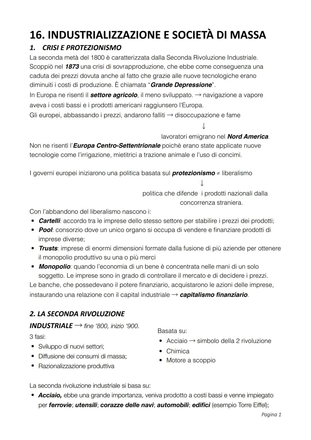 16. INDUSTRIALIZZAZIONE E SOCIETÀ DI MASSA
1. CRISI E PROTEZIONISMO
La seconda metà del 1800 è caratterizzata dalla Seconda Rivoluzione Indu