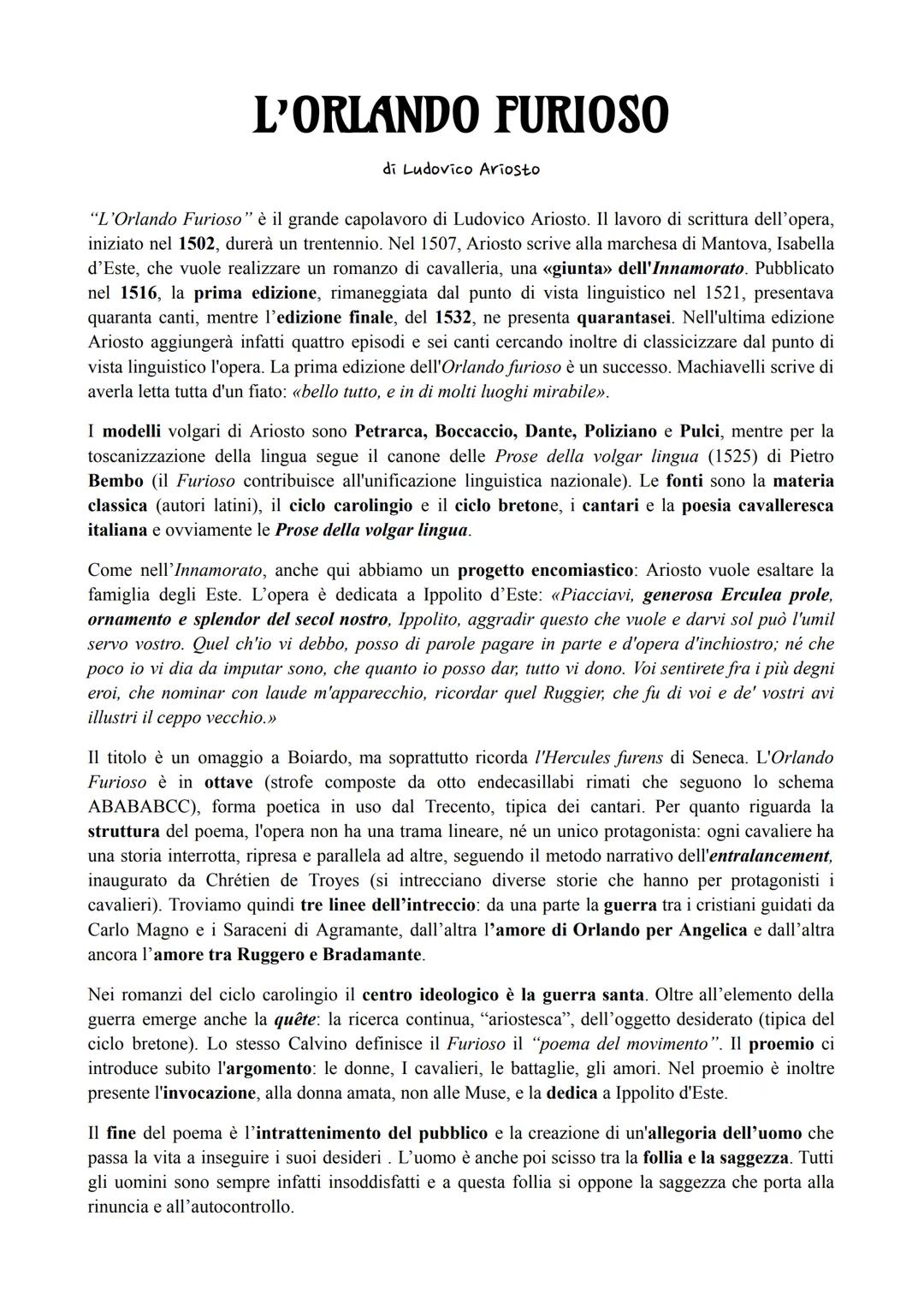 L'ORLANDO FURIOSO
di Ludovico Ariosto
"L'Orlando Furioso" è il grande capolavoro di Ludovico Ariosto. Il lavoro di scrittura dell'opera,
ini