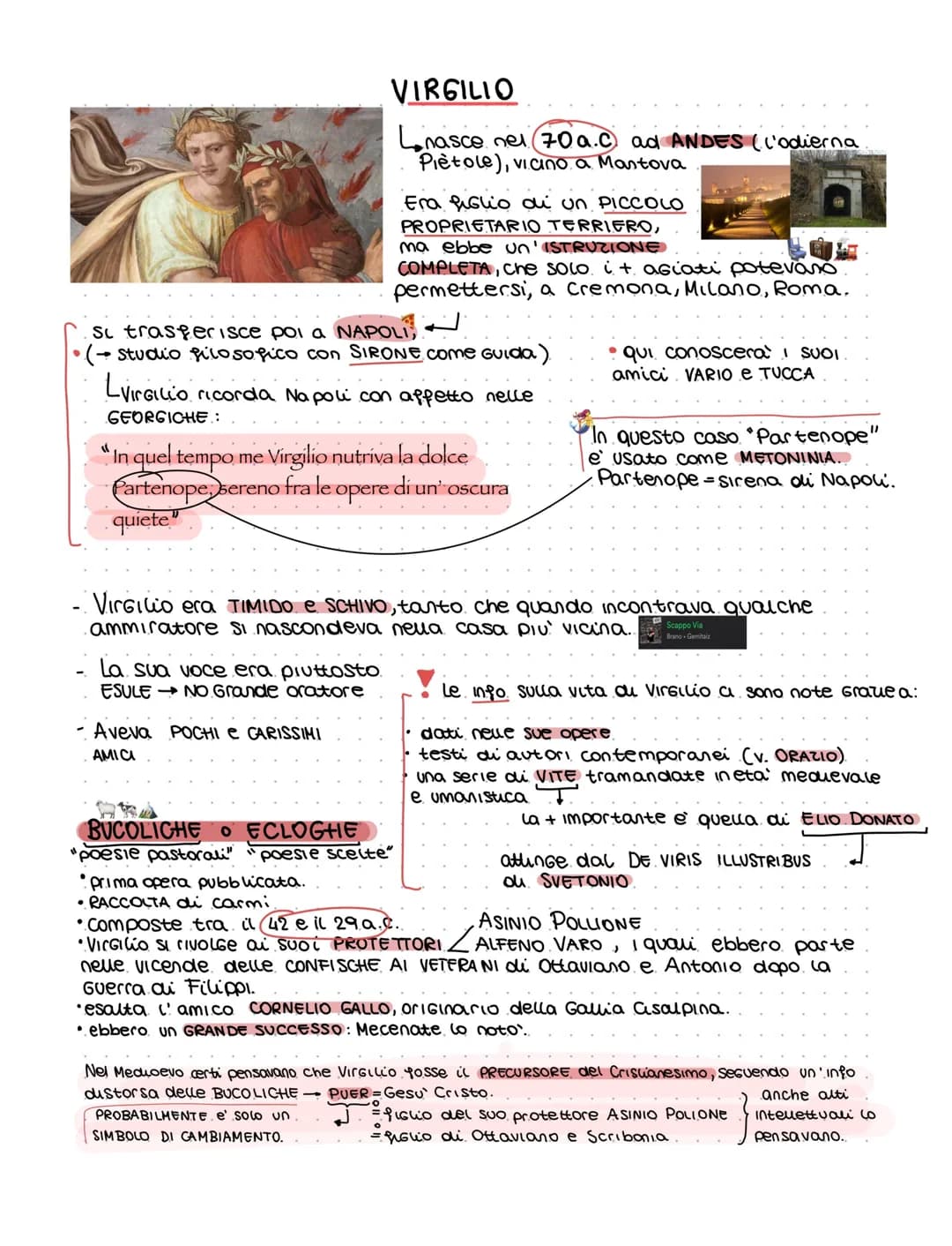VIRGILIO
nasce nel 70a.C ad ANDES (l'odierna
Piètole), vicino a Mantova
Era figlio di un PICCOLO
PROPRIETARIO TERRIERO,
ma ebbe un'ISTRUZION