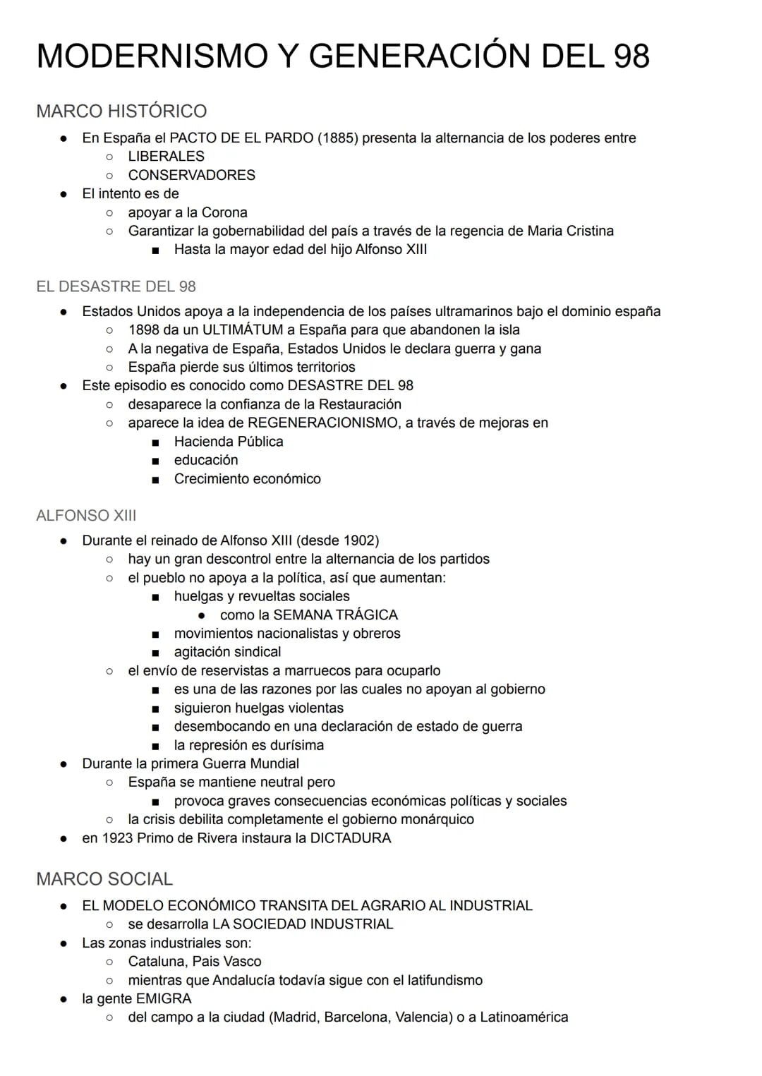 MODERNISMO Y GENERACIÓN DEL 98
MARCO HISTÓRICO
● En España el PACTO DE EL PARDO (1885) presenta la alternancia de los poderes entre
O LIBERA