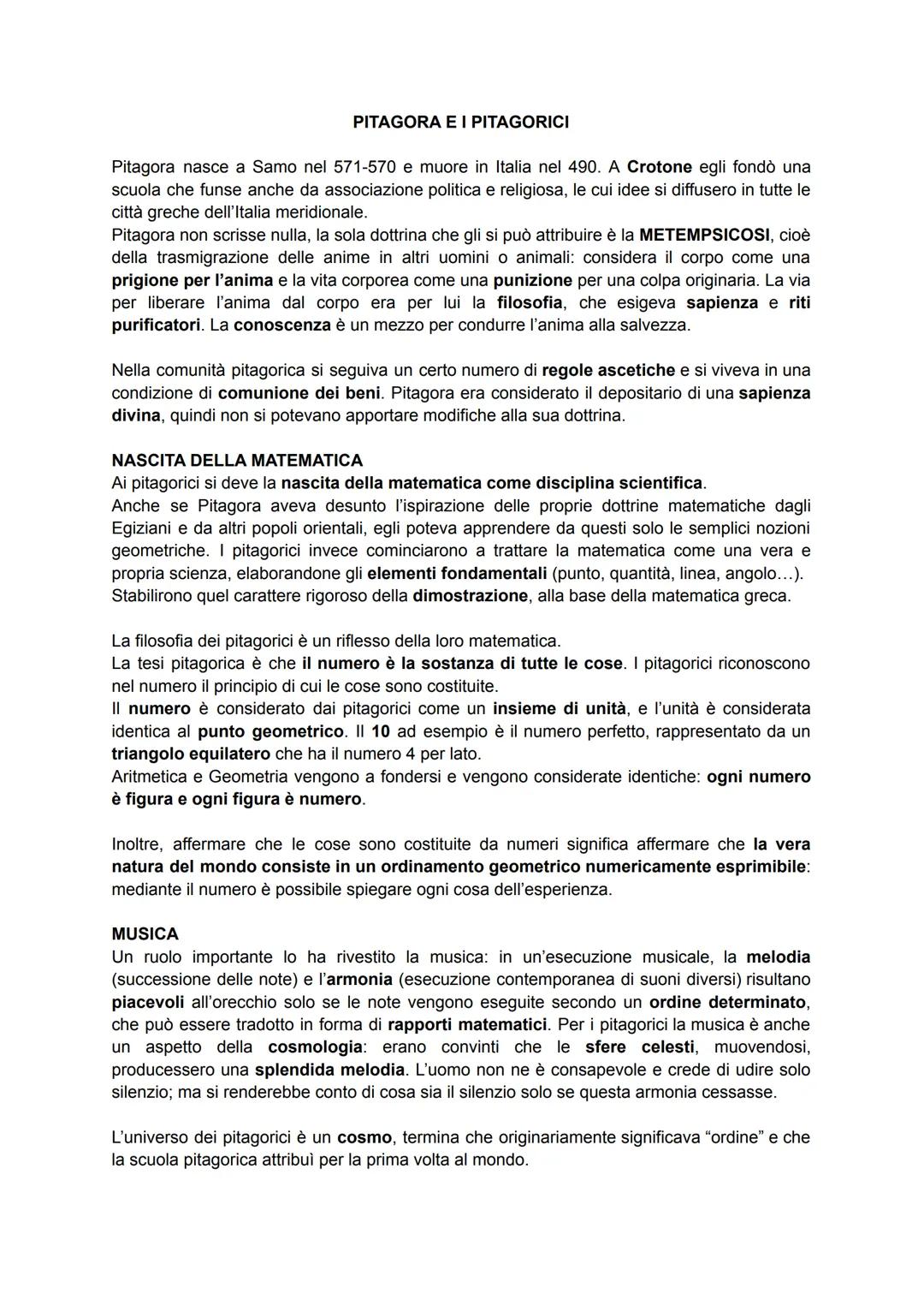 PITAGORA E I PITAGORICI
Pitagora nasce a Samo nel 571-570 e muore in Italia nel 490. A Crotone egli fondò una
scuola che funse anche da asso